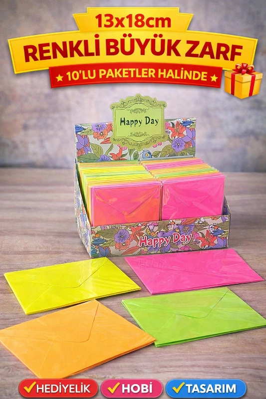 13X18CM NEON RENKLER BÜYÜK ZARF 10LU / 24LÜ PAKET